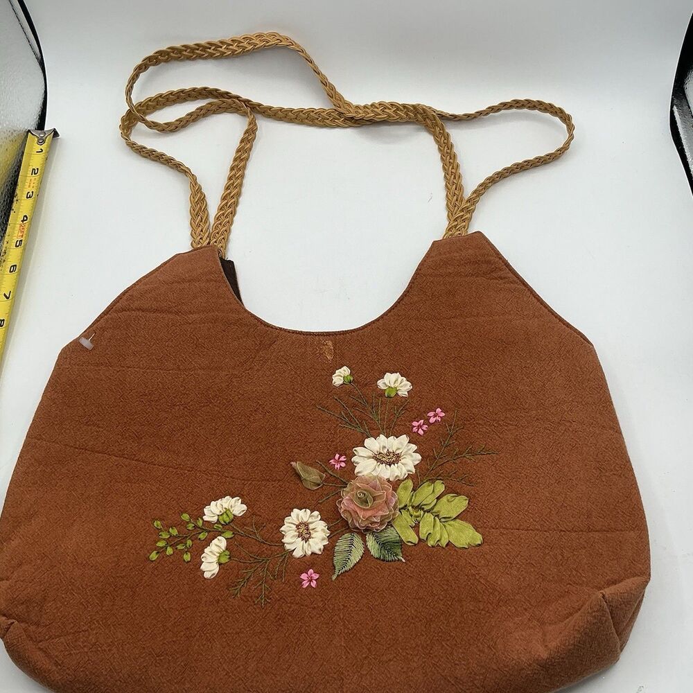 Vintage Brown Floral Appliqué Handbag Boho Ribbon Embroidered Shoulder Purse